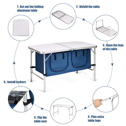 Height Adjustable Camping Tables with Storage Compartments Cabinet