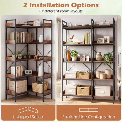 5-Tier Corner Bookshelf, 113cm Convertible L-shaped Bookcase