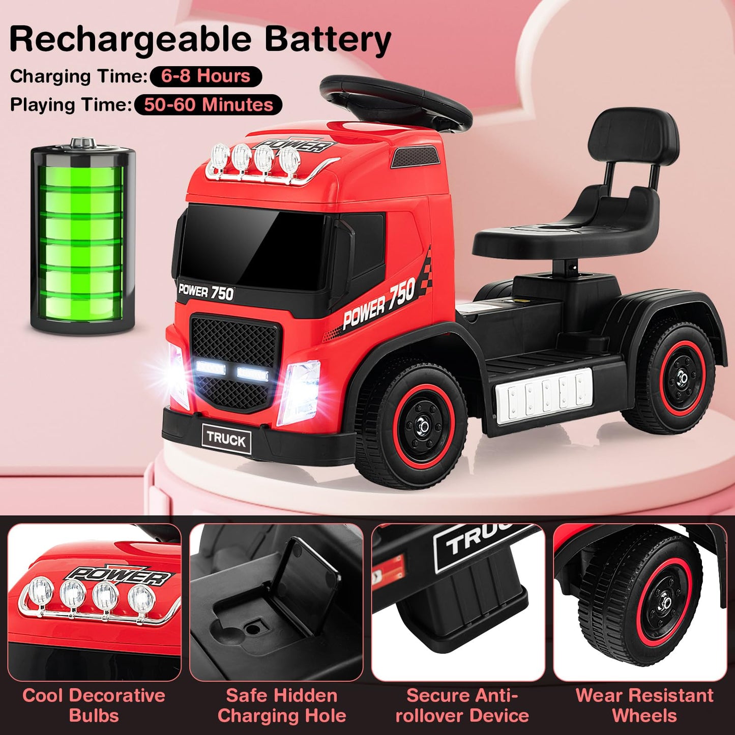 Kids Electric Ride-on Truck with Height Adjustable Seat and LED Lights