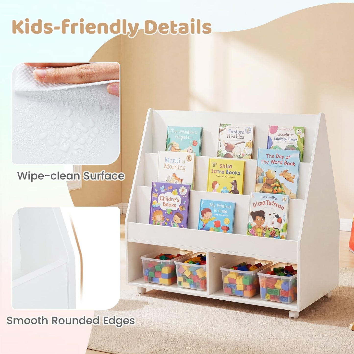 Double-Sided Kids Bookshelf Toddler Book Shelf on Wheels with Chalkboard