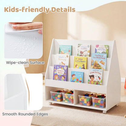 Double-Sided Kids Bookshelf Toddler Book Shelf on Wheels with Chalkboard