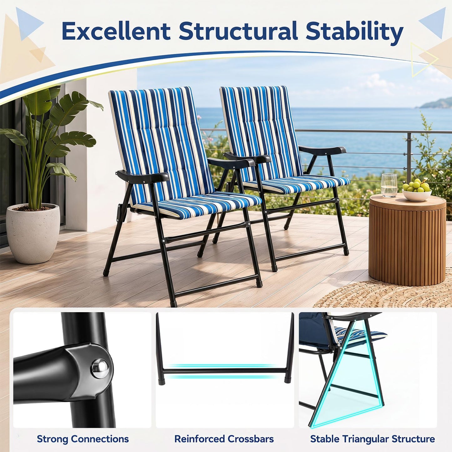 Set of 2 Foldable Beach Chairs, High Back Padded Camping Chairs