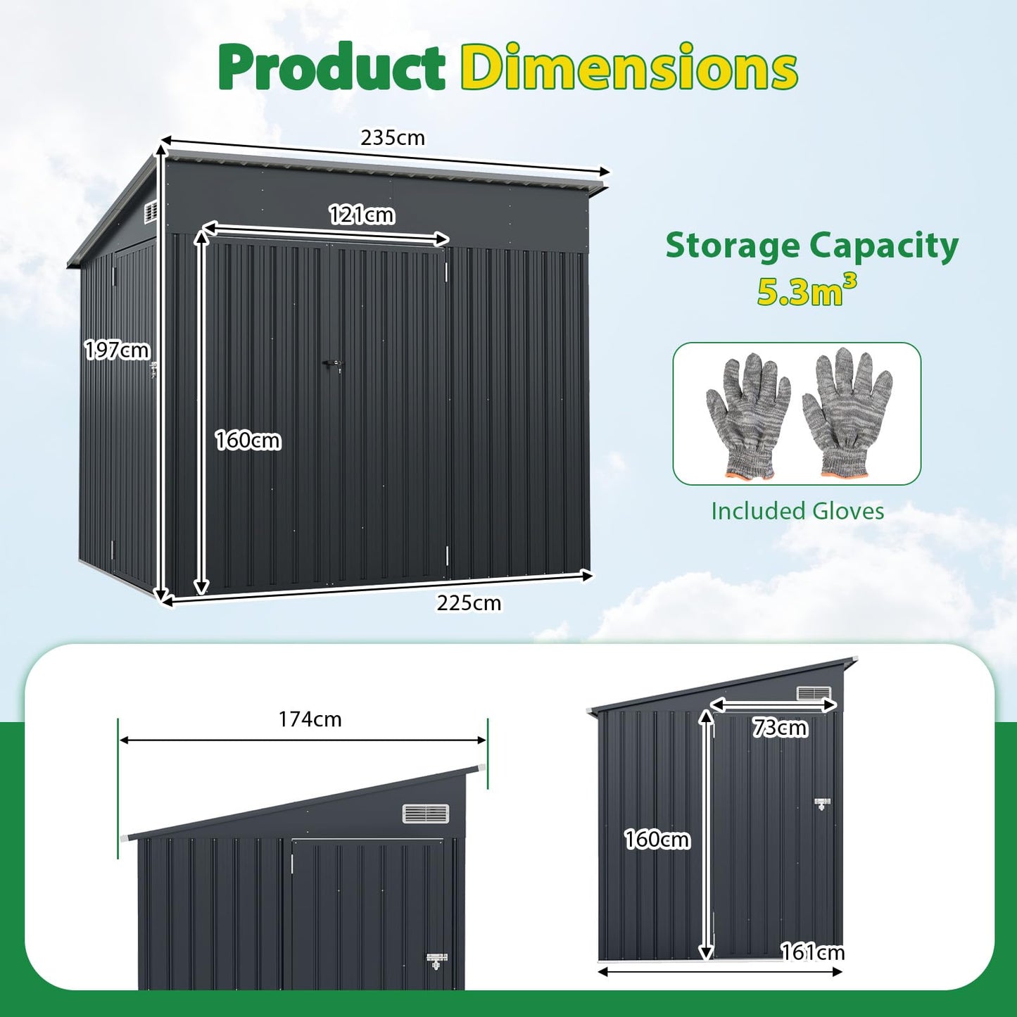 Triple Door Storage Shed with Galvanized Steel Tool and Bike Storage