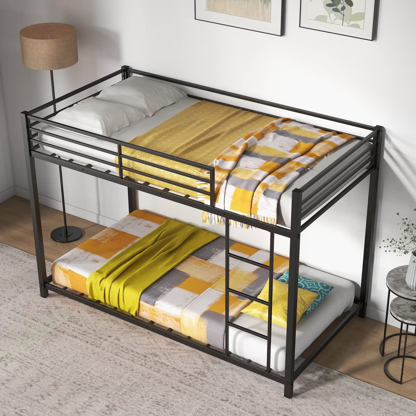Metal Bunk Bed, Single over Single Loft Bed Frame with Ladder and Safety Guardrail