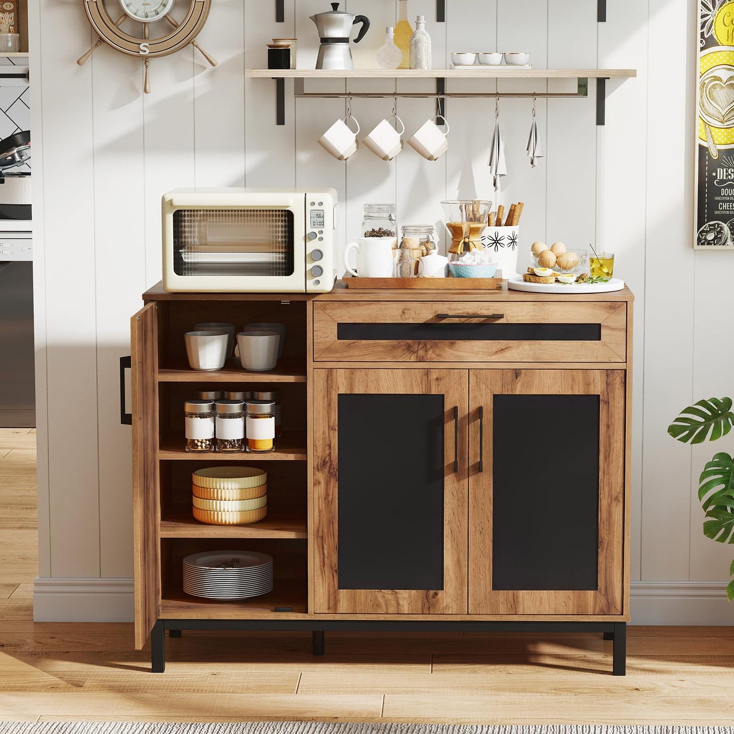 Storage Cabinet, Wooden Buffet Sideboard with Drawer, Doors, Removable Shelves