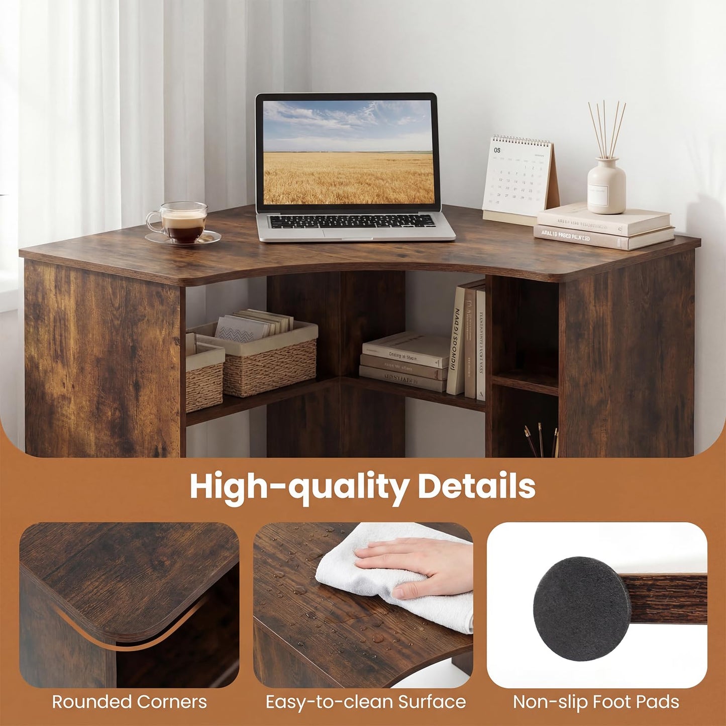 Charging Station and Storage Shelves, Space-Saving Wooden Gaming PC Laptop Table
