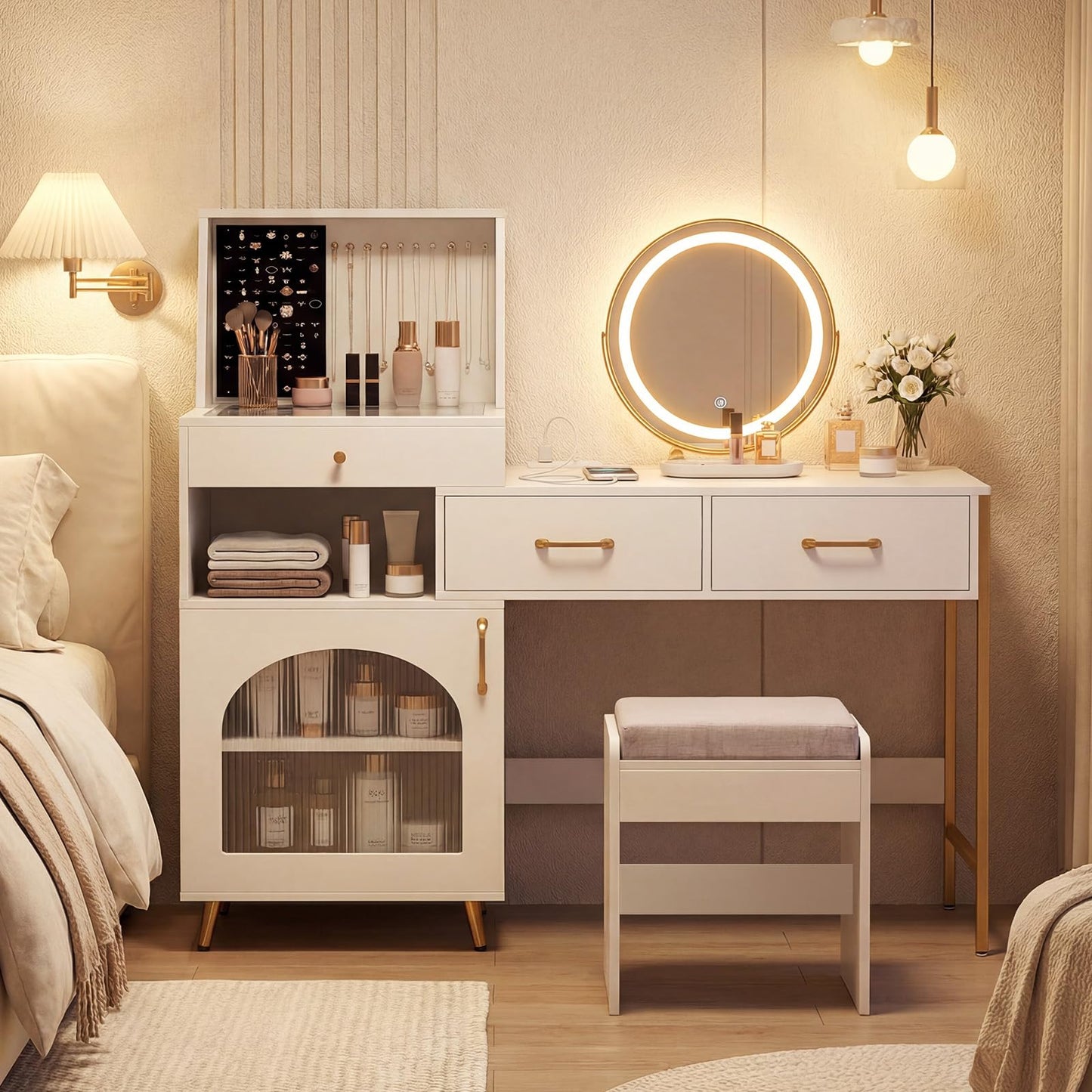 Dressing Table with 3-Color LED Lights Swivel Mirror and Stool