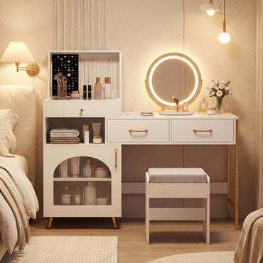 Dressing Table with 3-Color LED Lights Swivel Mirror and Stool