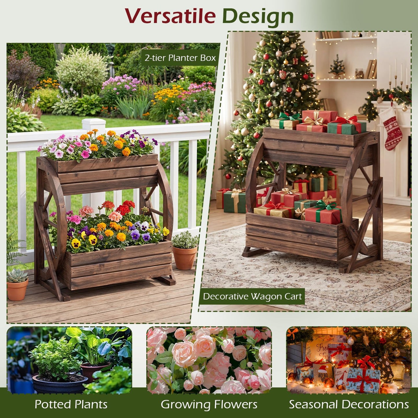 Wood Wagon Planter Box, 2-Tier Rustic Raised Garden Bed with Drainage Holes