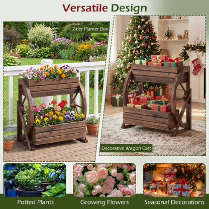 Wood Wagon Planter Box, 2-Tier Rustic Raised Garden Bed with Drainage Holes