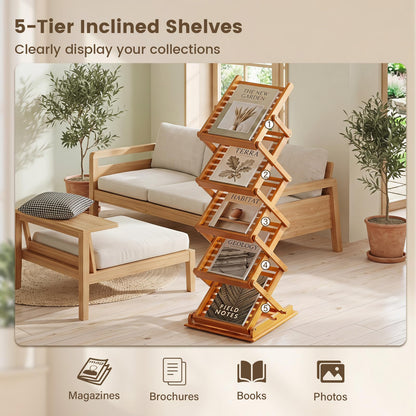 5 Tier Foldable Bamboo Magazine Rack with 2 Adjustable Positions