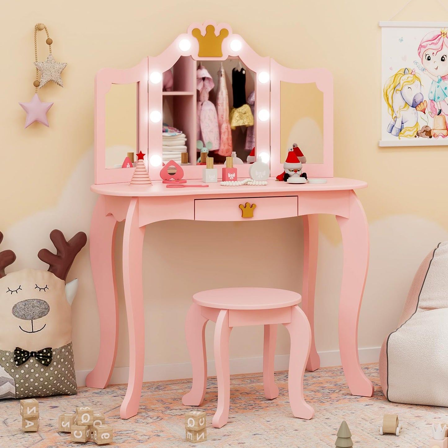 Kids Vanity Set with Lighted Mirror and Adjustable Brightness Pull-out Drawer and Stool