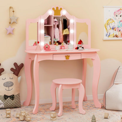 Kids Vanity Set with Lighted Mirror and Adjustable Brightness Pull-out Drawer and Stool