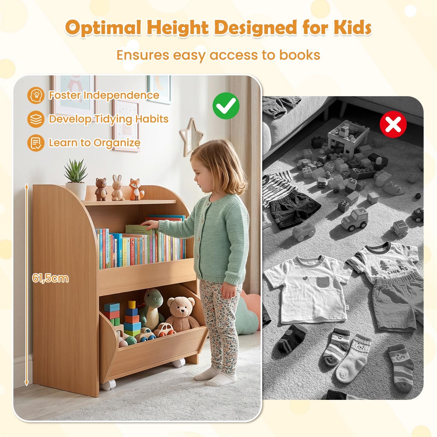 Toy Storage Organizer, Kids Bookcase with Movable Drawer