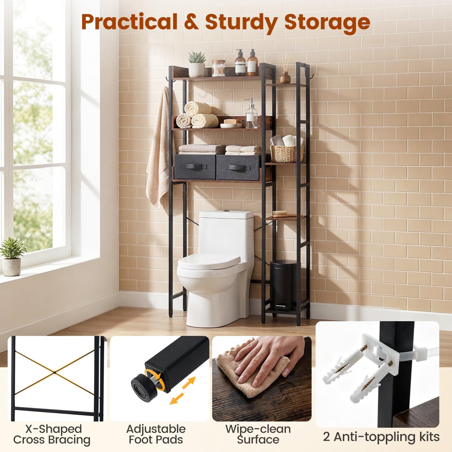 Over Toilet Storage Unit, Reversible Bathroom Shelf Space Saver
