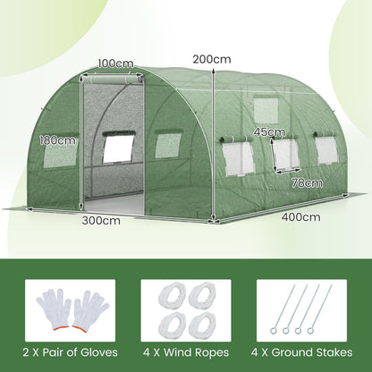 400 x 300 x 200 cm Outdoor Walk-in Tunnel Greenhouse 8 Roll-up Windows