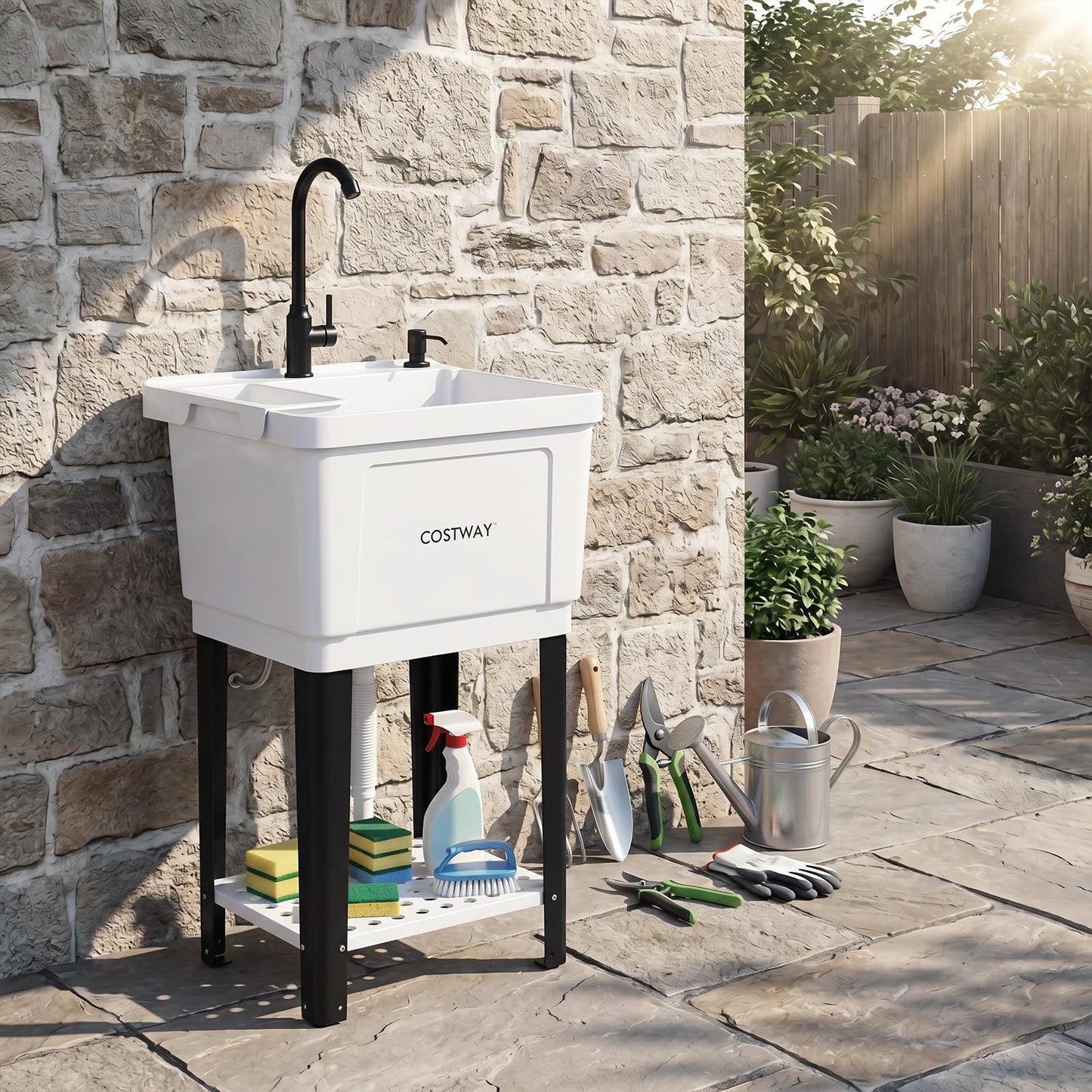 Freestanding Single Bowl Utility Sink, 55L Drain Laundry Tub with Faucet