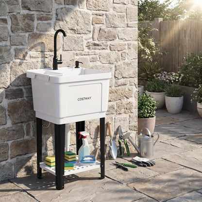 Freestanding Single Bowl Utility Sink, 55L Drain Laundry Tub with Faucet
