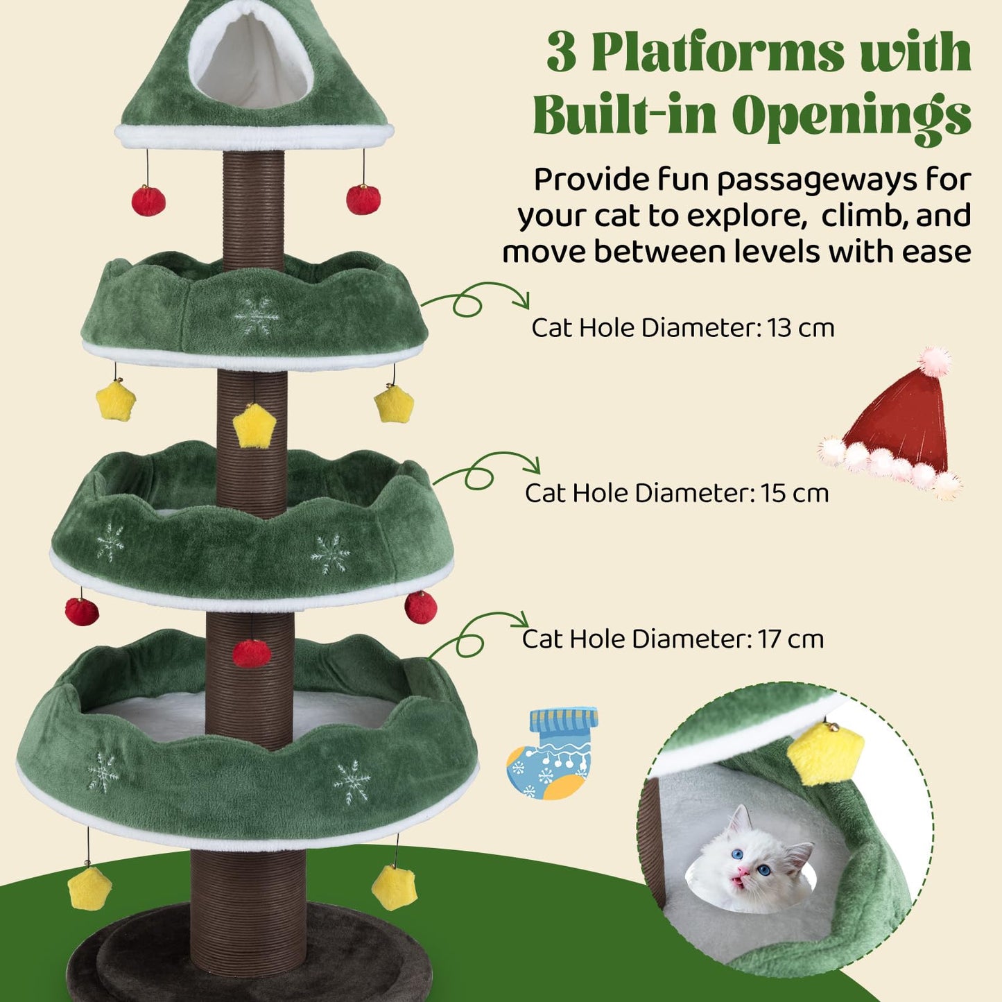 179 CM Tall Christmas Cat Tree Multi-Level Kitten Tower with 3 Plush Platforms