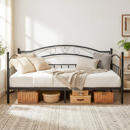 Metal Day Bed Frame, 3FT Single Sofa Bed Base Guest Platform Daybed with Headboard