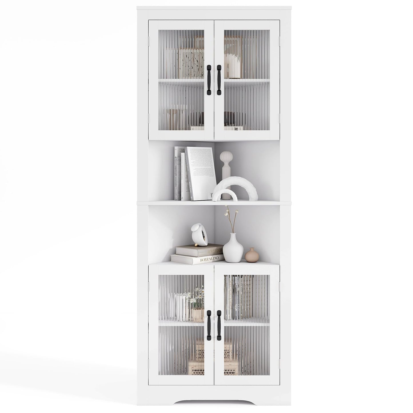 171cm Tall Space-saving Corner Cabinet with 4 Tempered Glass Doors and Adjustable Shelves