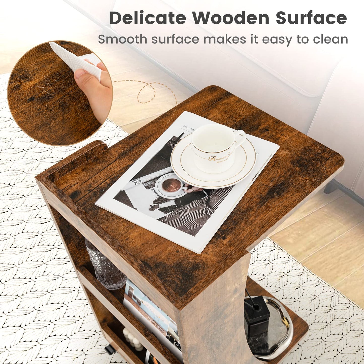 C-Shaped Side Table with Storage Shelf for Bedroom and Living Room