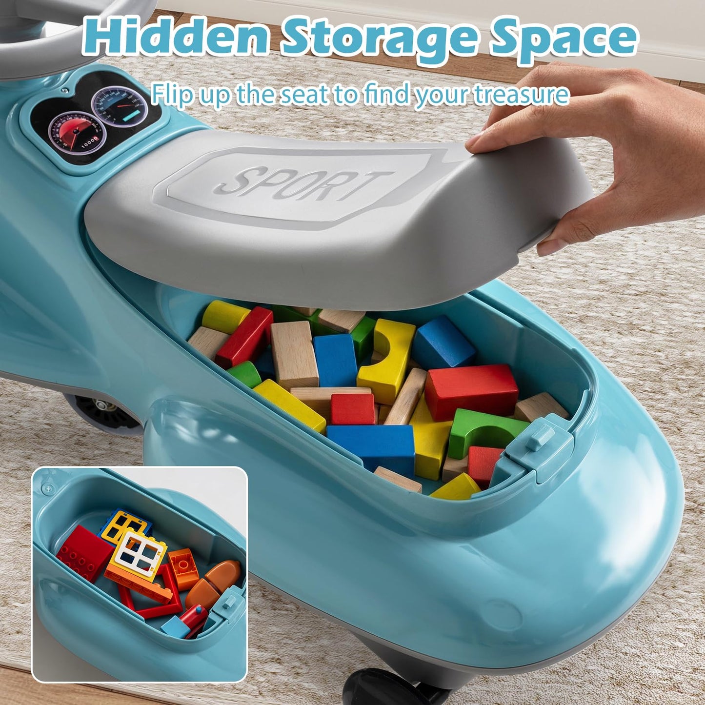 Ride on Wiggle Car, Sit On Swivel Scooter with Light up Wheels, Under-seat Storage