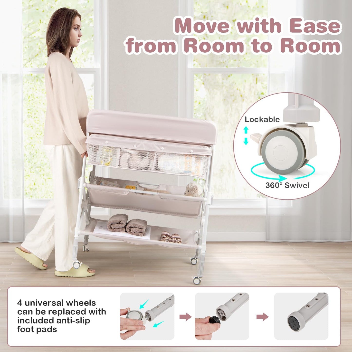 olding Diaper Changing Station with Wheels & Storage Basket