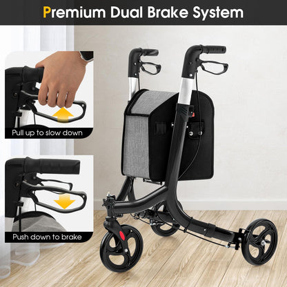 Folding Aluminum Rolling Walker with Zippered Storage Bag and Safe Dual Brake System