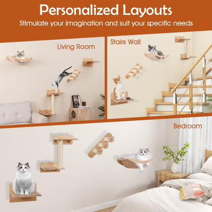 4pcs Wall Mounted Cat Tree with Hammock & Sisal Steps