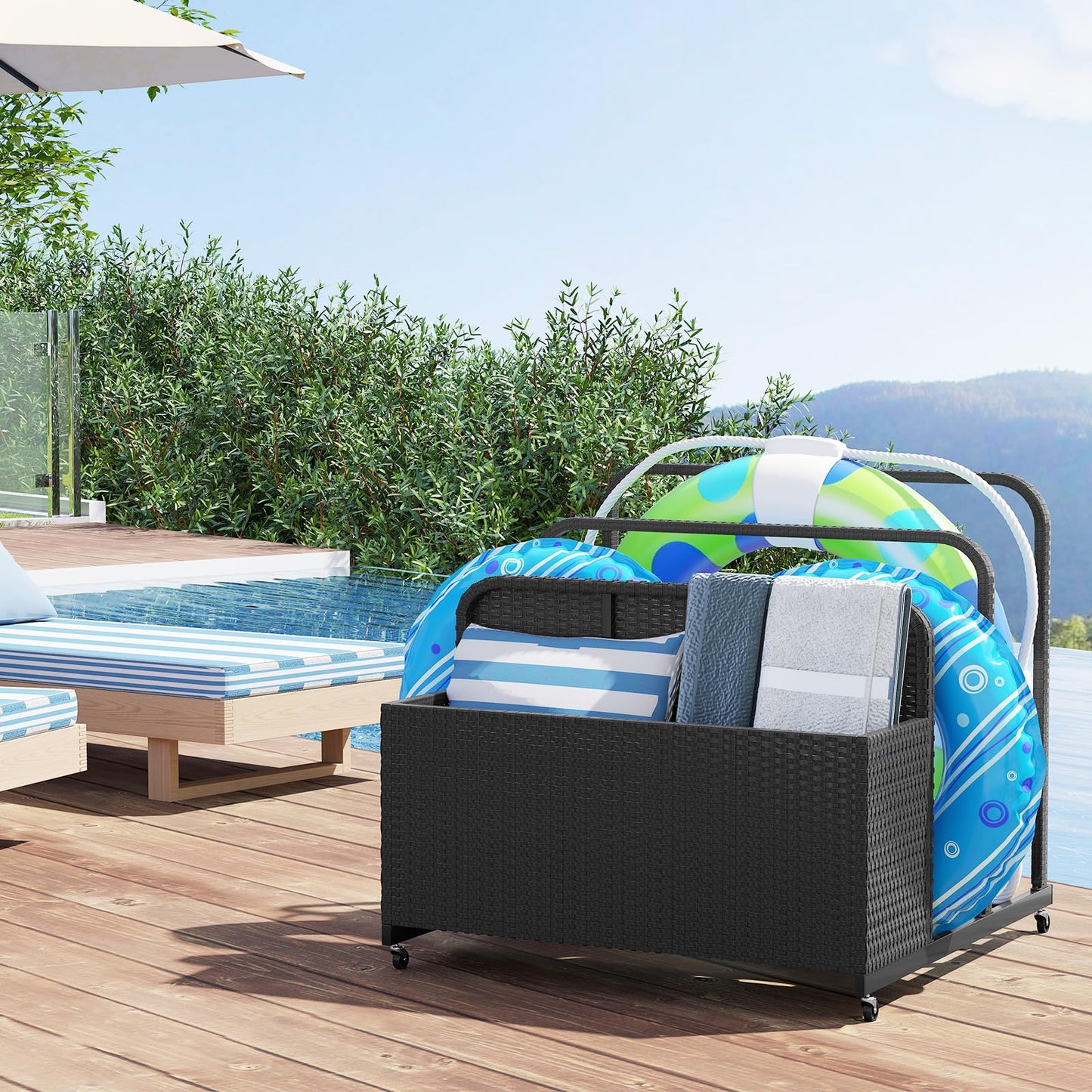 Rolling Poolside Float Storage with 2 Towel Rack and Wheels