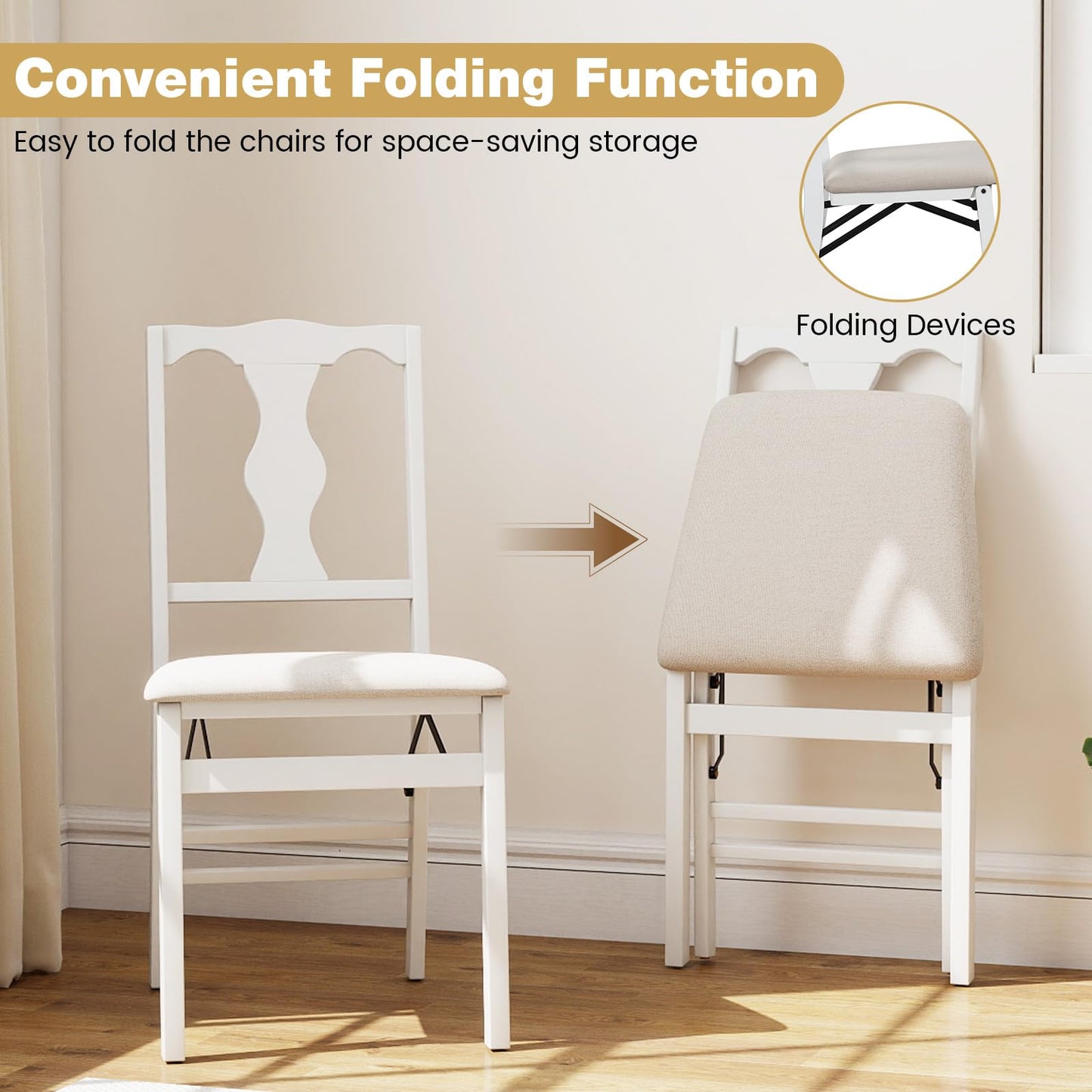 Set of 2 Folding Dining Chairs with Soft Padded Seat and Smooth Solid Backrest