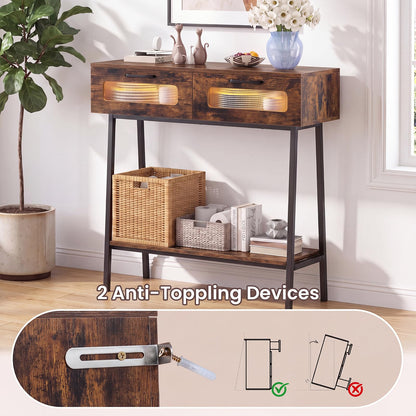 2-Tier Farmhouse Console Table with Colorful LED Lights and Open Shelf
