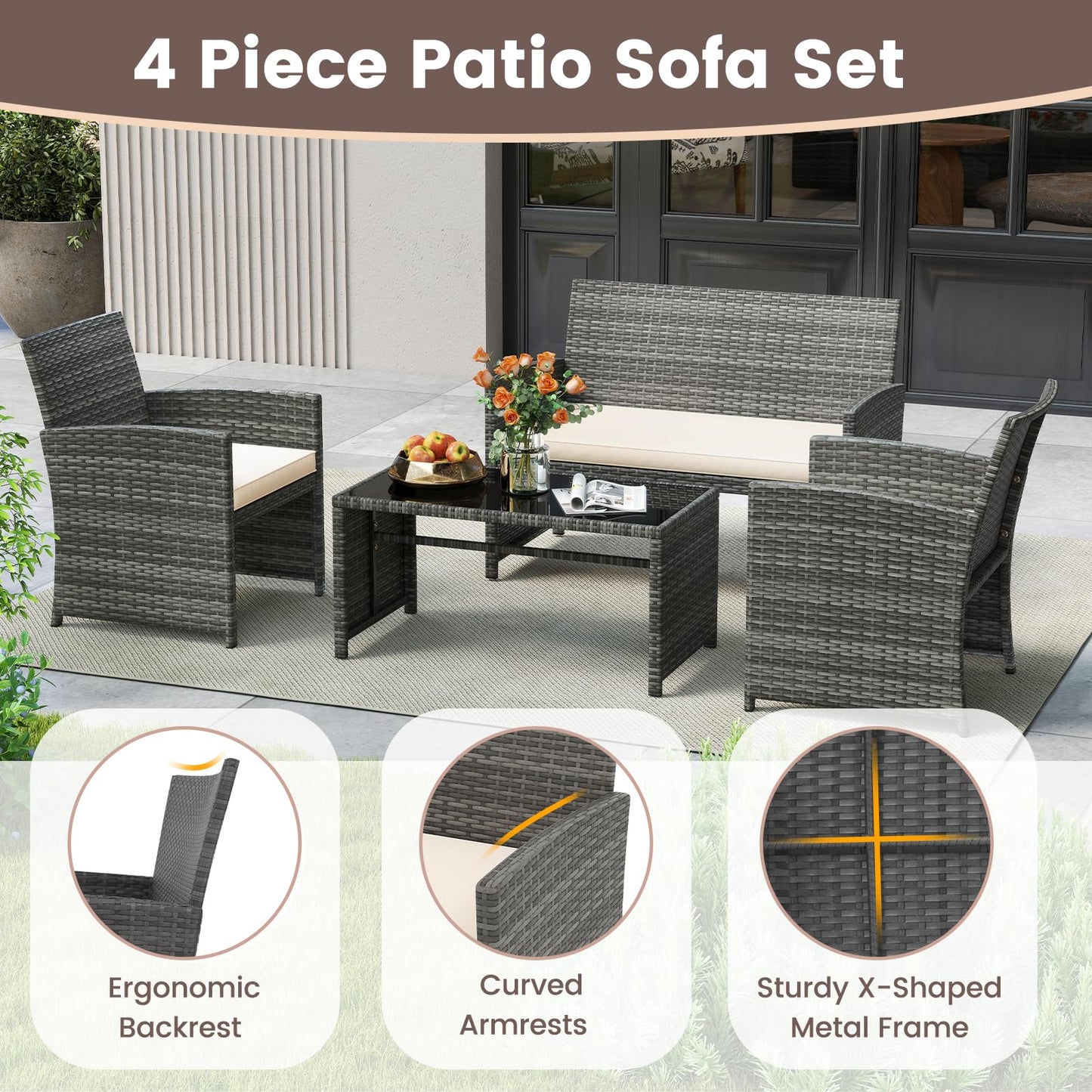 4 Piece Patio Conversation Set Rattan Chair Loveseat and Table Set with Seat Cushions