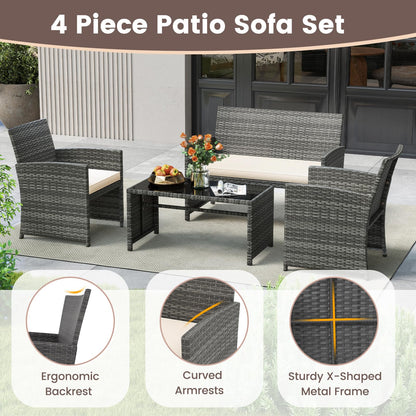 4 Piece Patio Conversation Set Rattan Chair Loveseat and Table Set with Seat Cushions