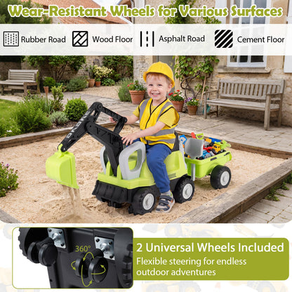 2-In-1 Ride on Push Car with Detachable Trailer and Rake Shovel for Ages 1.5-3