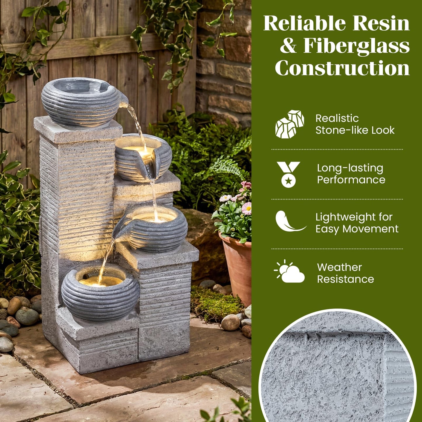 4-Tier Outdoor Water Fountain, Cascading Waterfall Fountain with 3 LED Lights