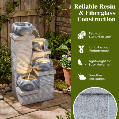 4-Tier Outdoor Water Fountain, Cascading Waterfall Fountain with 3 LED Lights