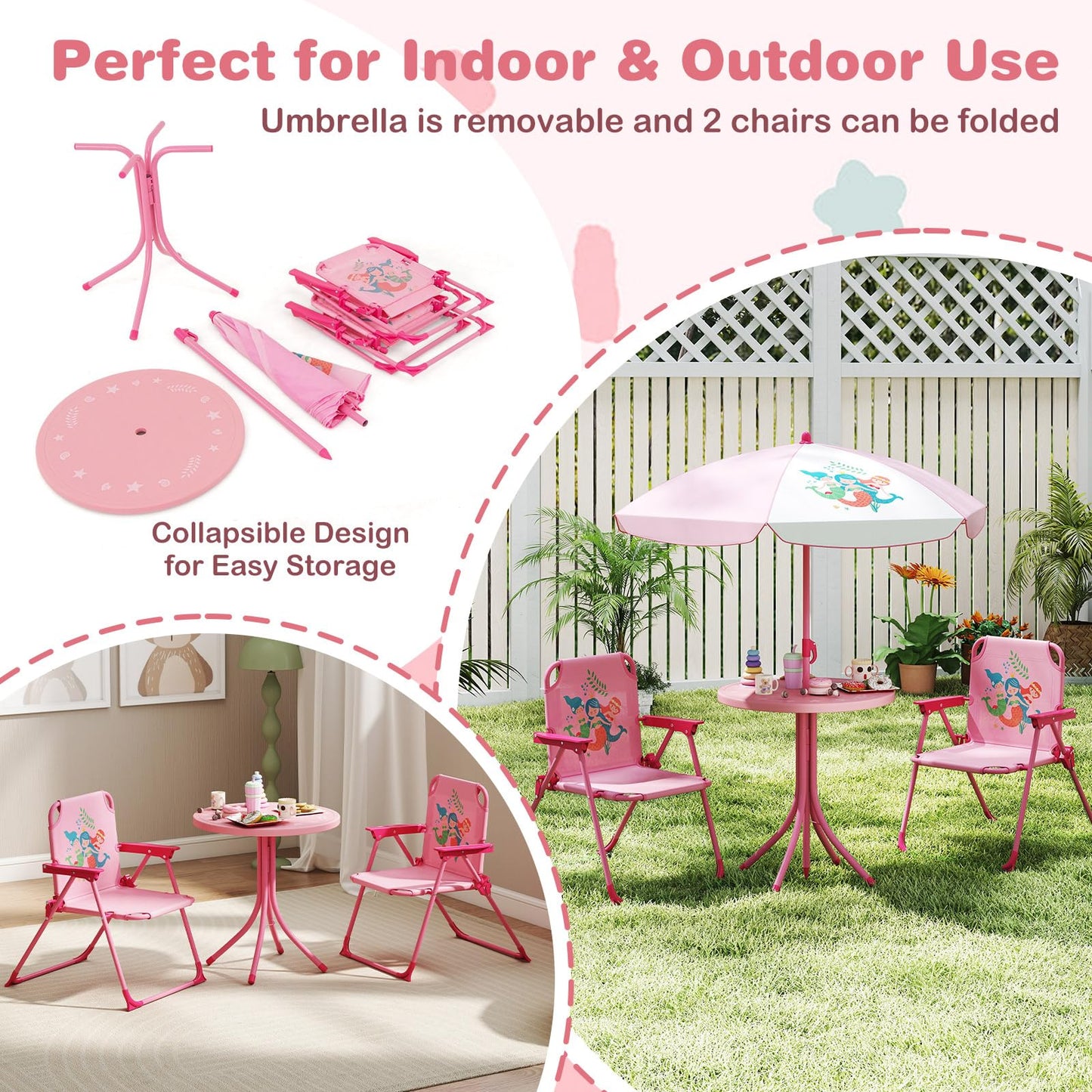 Kids Picnic Table and Chair Set with 2 Folding Chairs and Height Adjustable Umbrella