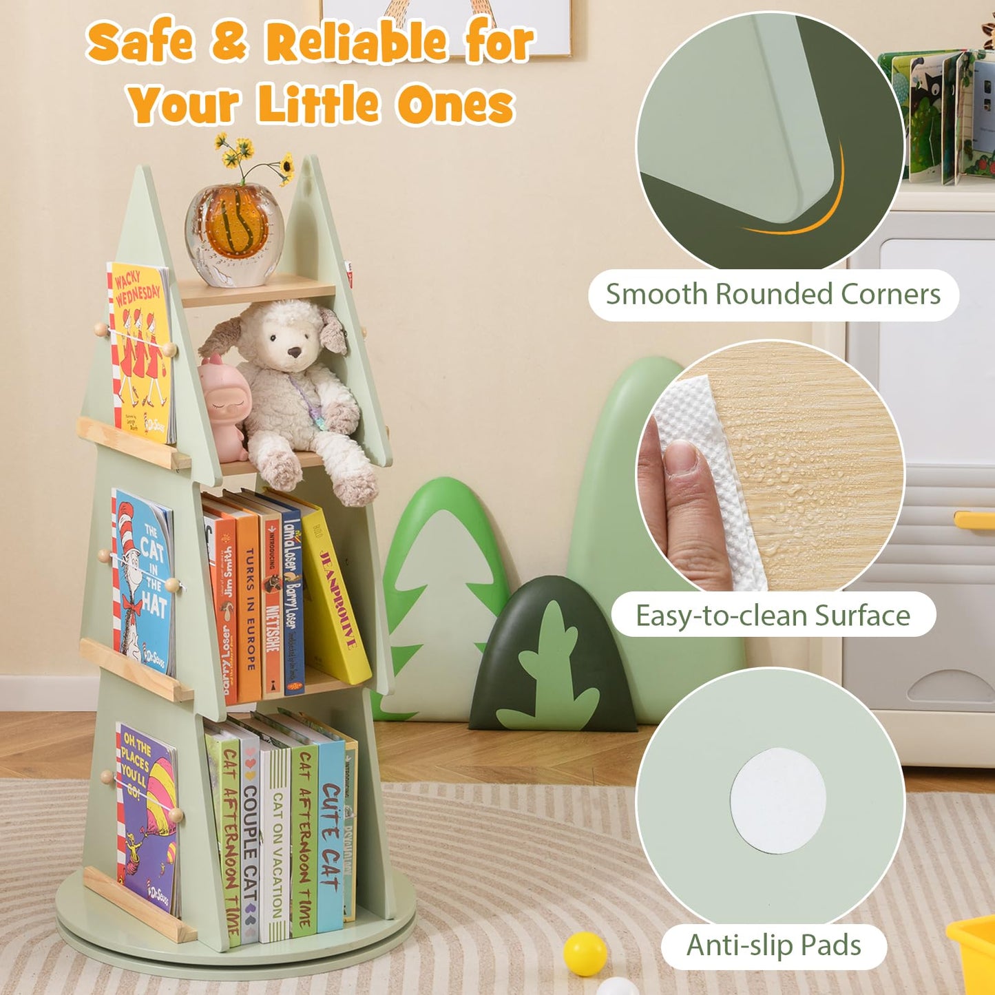 4 Tier 360°Rotating Childrens Bookcase with Side Hooks