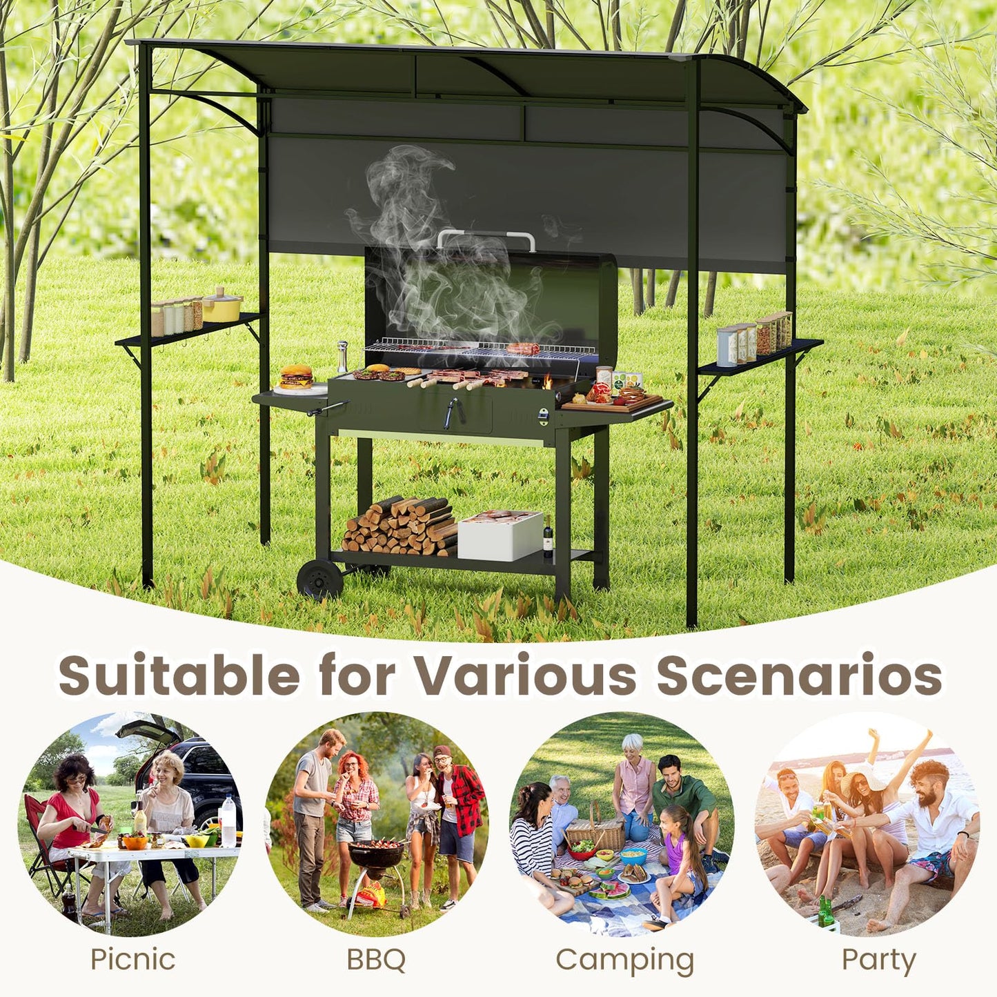 Outdoor BBQ Shelter with Serving Shelf and Storage Hooks (239 x 108cm)