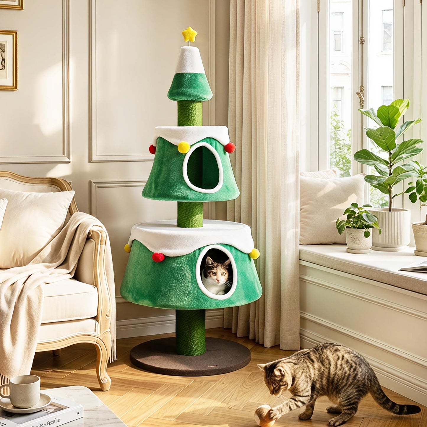 156cm Cat Tree, Christmas Tree Shape Cats Tower with 2 Condos