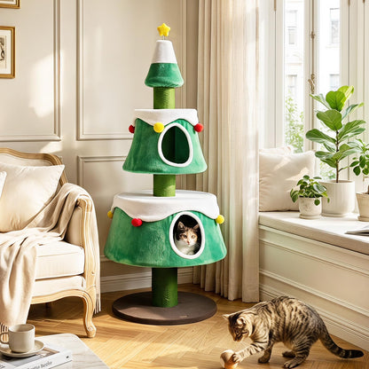 156cm Cat Tree, Christmas Tree Shape Cats Tower with 2 Condos