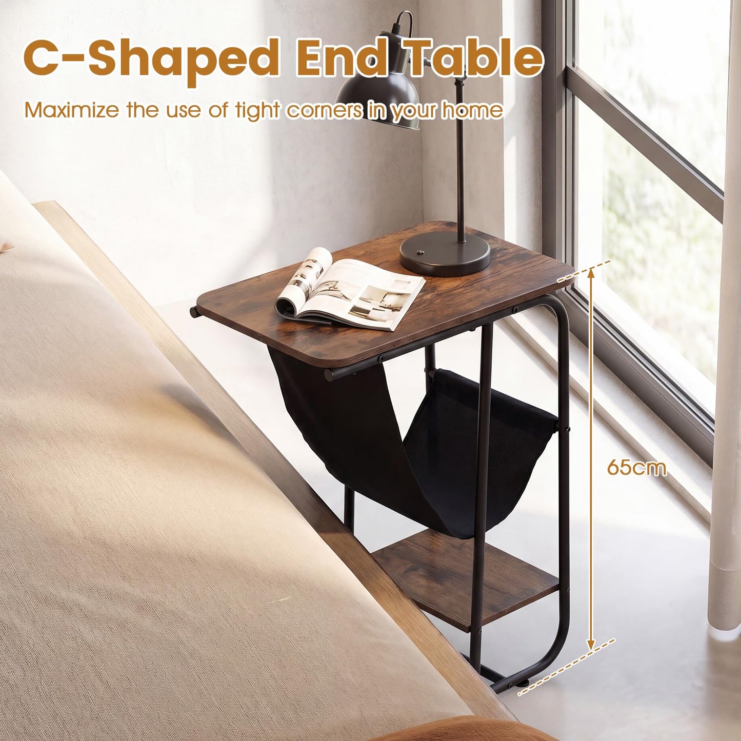 C-Shaped Side Table, Industrial Sofa End Table with Magazine Holder