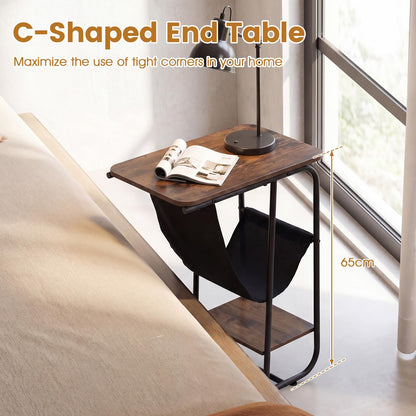 C-Shaped Side Table, Industrial Sofa End Table with Magazine Holder