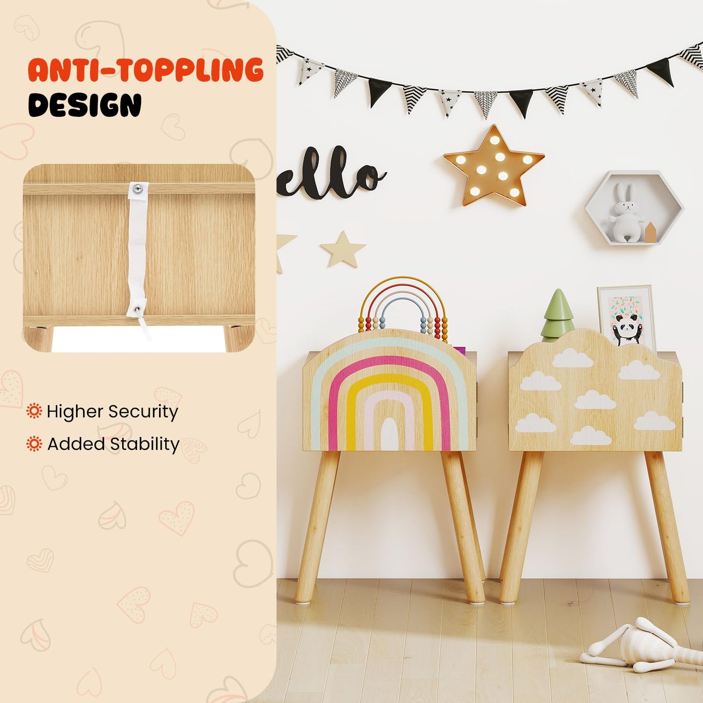 Kids Nightstand Set of 2 with Rainbow and Cloud Patterns