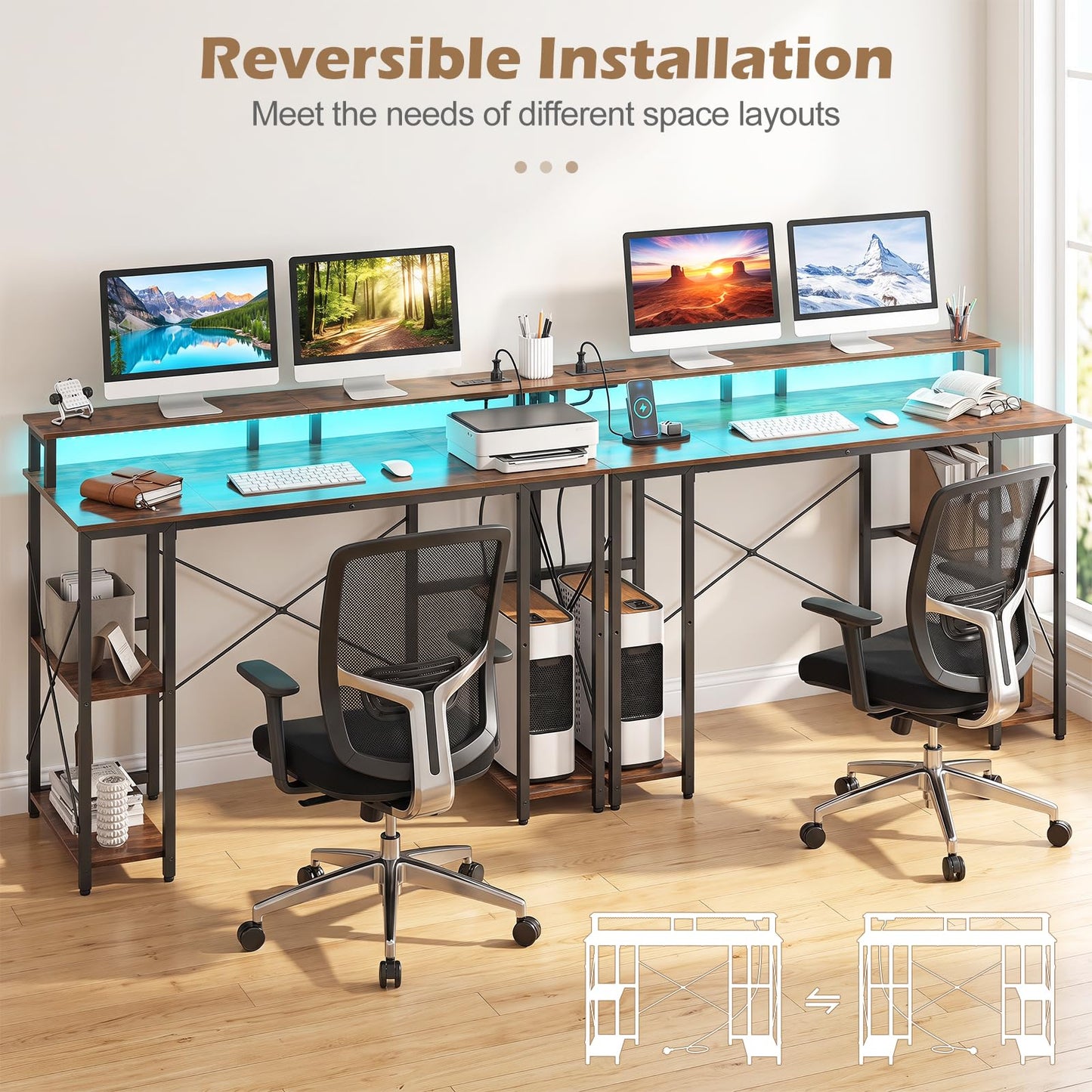 120 cm Computer Desk with Charging Station LED Lights and Storage Shelves