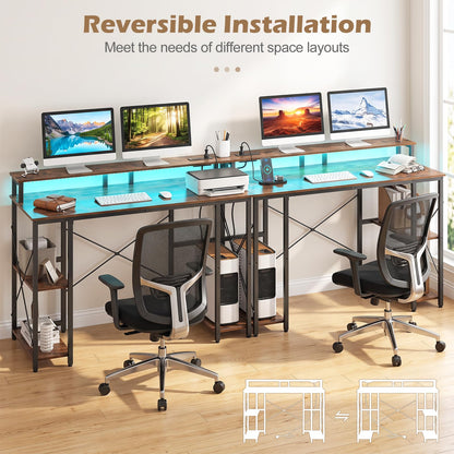 120 cm Computer Desk with Charging Station LED Lights and Storage Shelves