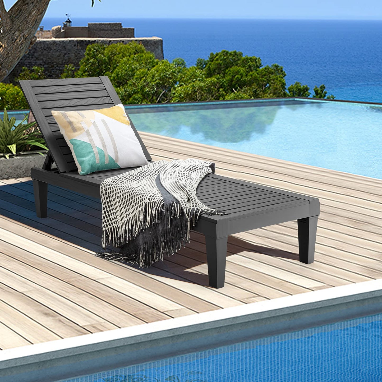 5 Positions Adjustable Outdoor Chaise Lounge Chair with Wood Texture Surface