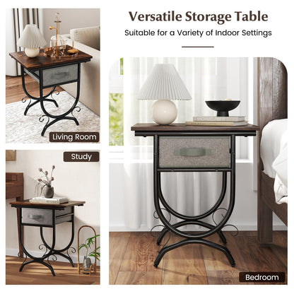 2 Tier Industrial Bedside Table with Fabric Drawer and Wood Top